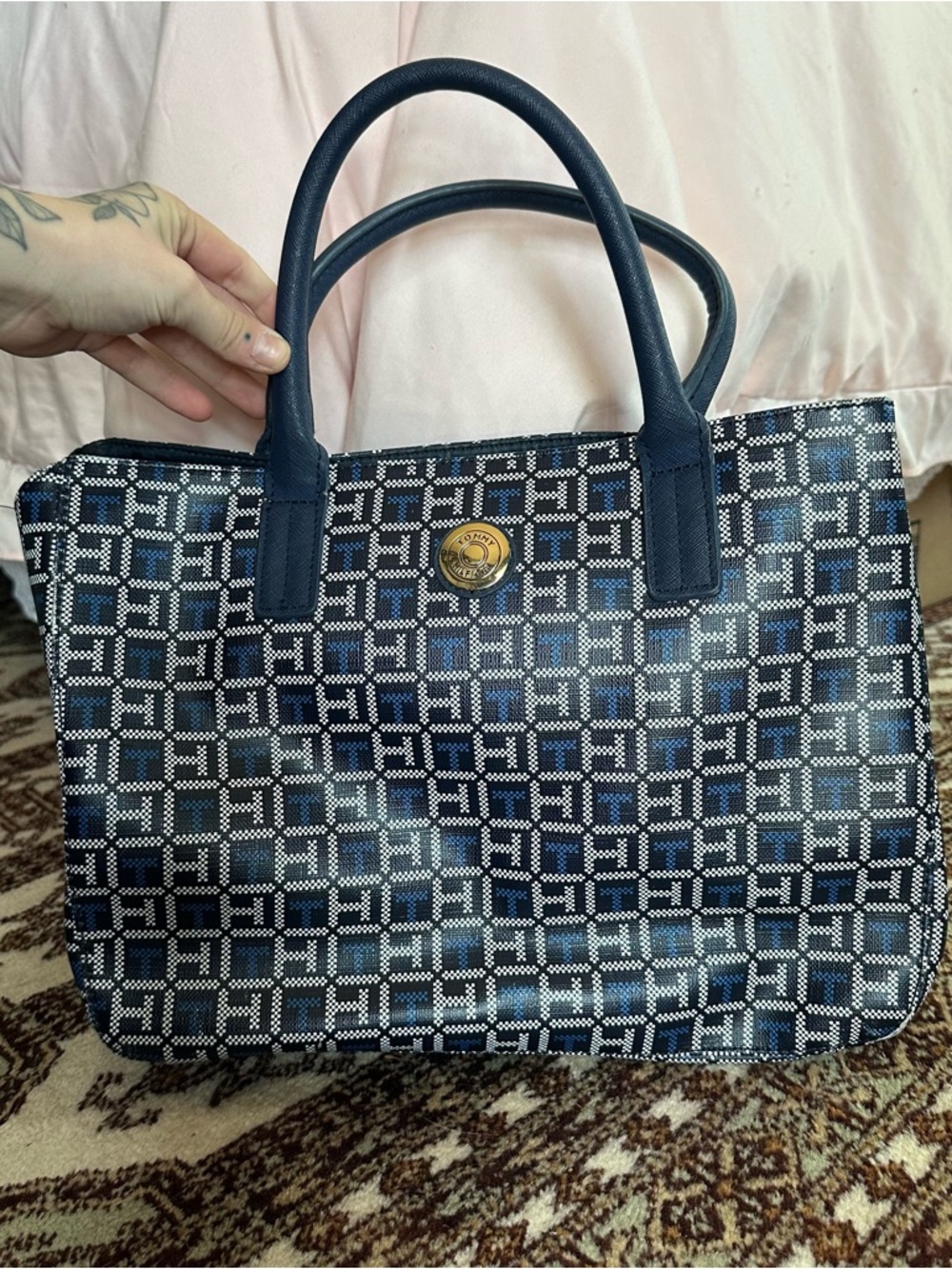 Tommy Hilfiger Navy and White Geometric Tote with Gold Emblem